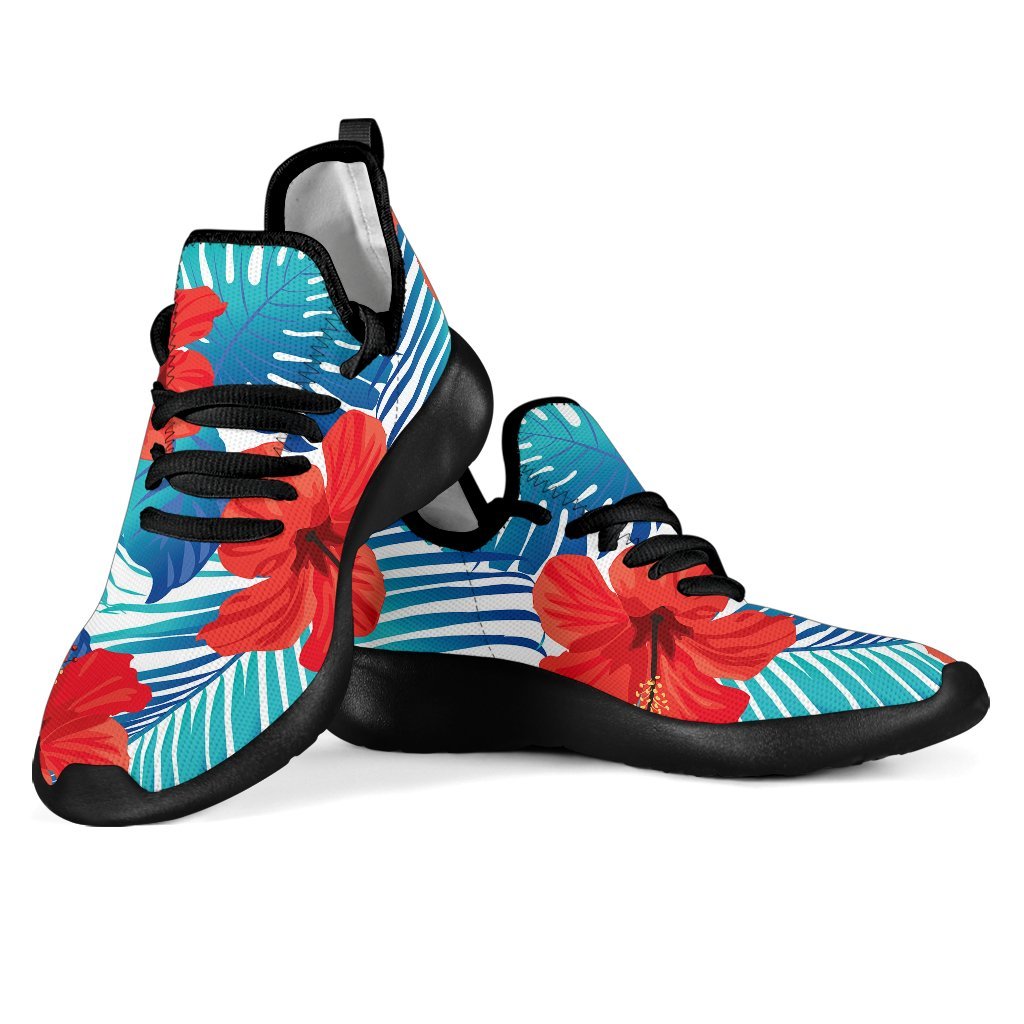 Blue Tropical Hibiscus Pattern Print Mesh Knit Shoes GearFrost