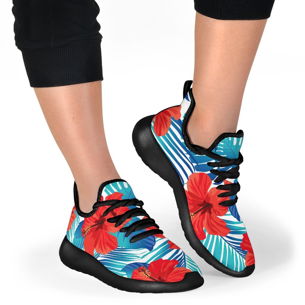 Blue Tropical Hibiscus Pattern Print Mesh Knit Shoes GearFrost