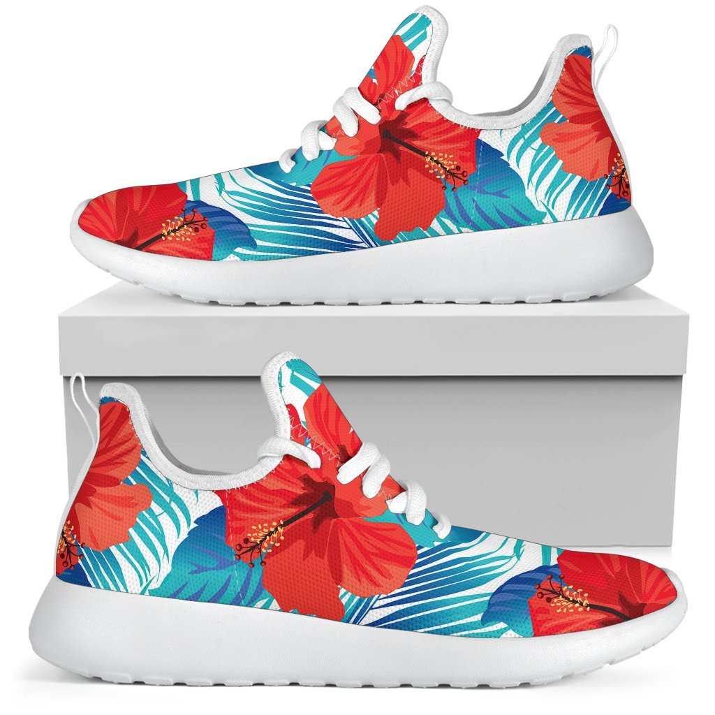 Blue Tropical Hibiscus Pattern Print Mesh Knit Shoes GearFrost