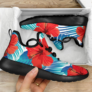 Blue Tropical Hibiscus Pattern Print Mesh Knit Shoes GearFrost