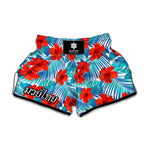 Blue Tropical Hibiscus Pattern Print Muay Thai Boxing Shorts