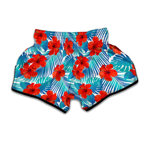 Blue Tropical Hibiscus Pattern Print Muay Thai Boxing Shorts