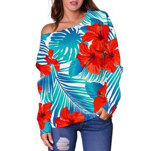 Blue Tropical Hibiscus Pattern Print Off Shoulder Sweatshirt GearFrost