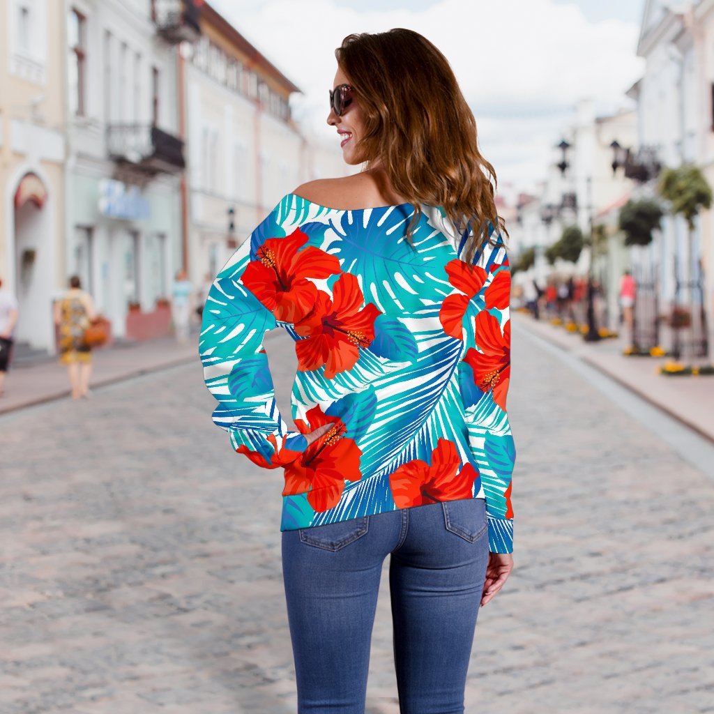 Blue Tropical Hibiscus Pattern Print Off Shoulder Sweatshirt GearFrost