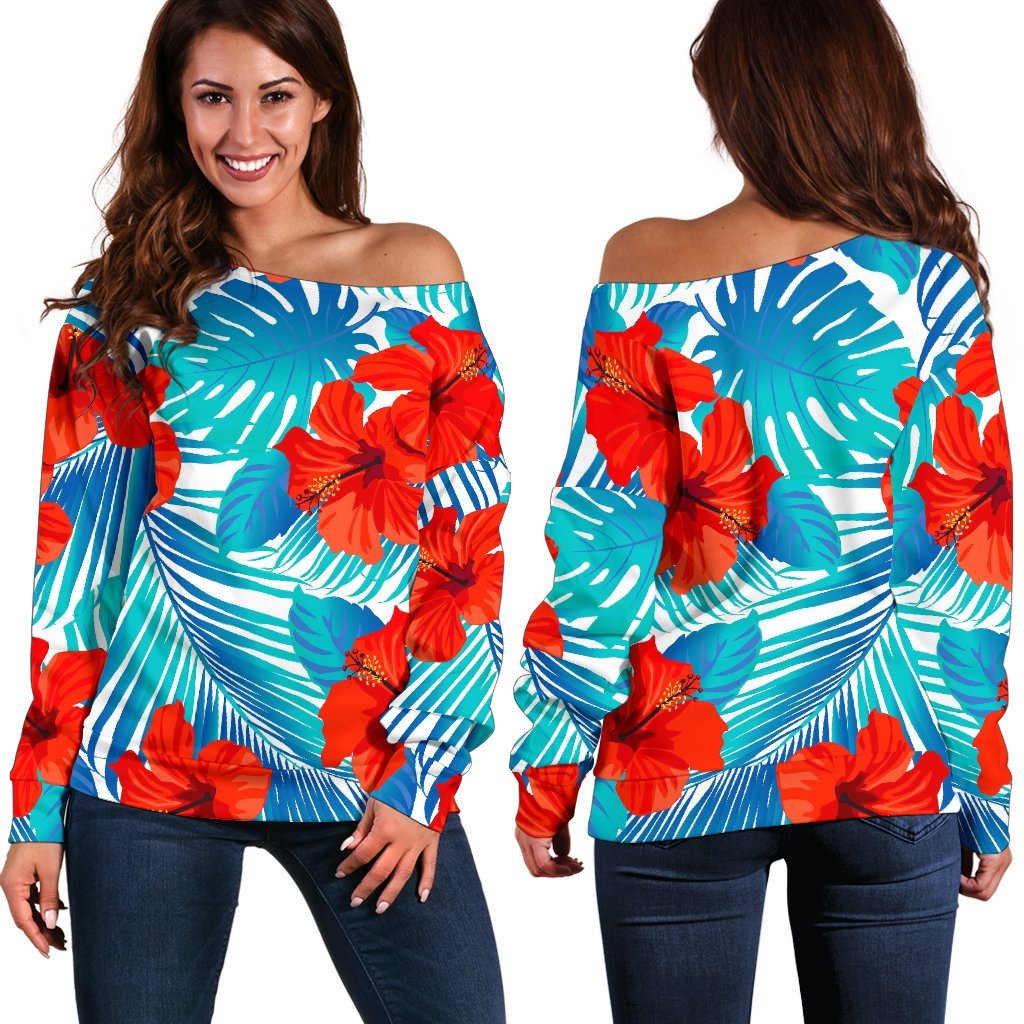 Blue Tropical Hibiscus Pattern Print Off Shoulder Sweatshirt GearFrost