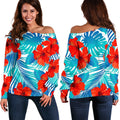Blue Tropical Hibiscus Pattern Print Off The Shoulder Sweatshirt