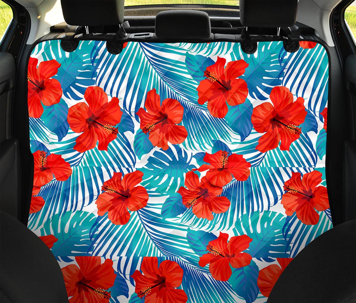 Blue Tropical Hibiscus Pattern Print Pet Car Back Seat Cover