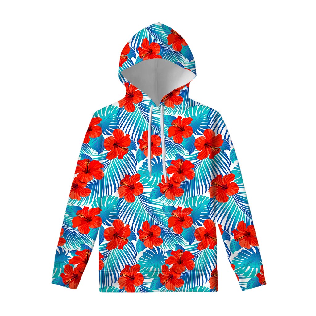 Blue Tropical Hibiscus Pattern Print Pullover Hoodie