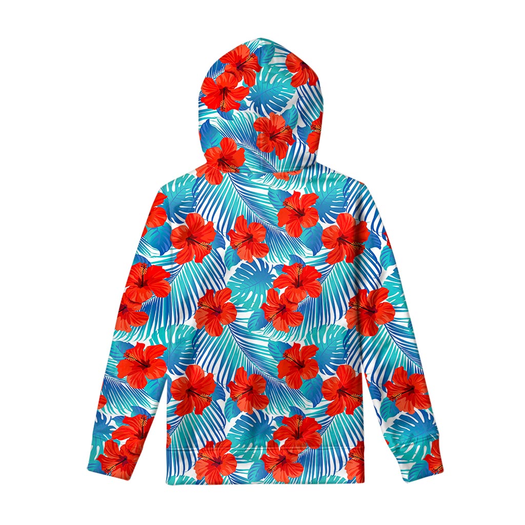 Blue Tropical Hibiscus Pattern Print Pullover Hoodie