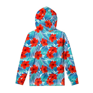 Blue Tropical Hibiscus Pattern Print Pullover Hoodie