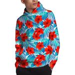 Blue Tropical Hibiscus Pattern Print Pullover Hoodie