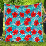 Blue Tropical Hibiscus Pattern Print Quilt