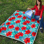 Blue Tropical Hibiscus Pattern Print Quilt