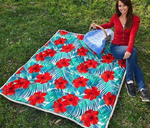 Blue Tropical Hibiscus Pattern Print Quilt