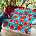 Blue Tropical Hibiscus Pattern Print Quilt