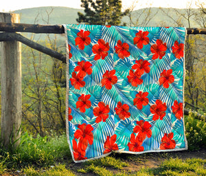 Blue Tropical Hibiscus Pattern Print Quilt