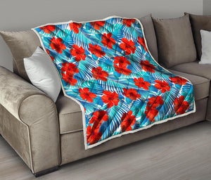 Blue Tropical Hibiscus Pattern Print Quilt