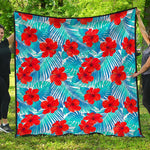 Blue Tropical Hibiscus Pattern Print Quilt