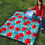 Blue Tropical Hibiscus Pattern Print Quilt