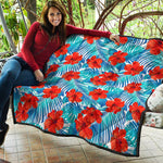 Blue Tropical Hibiscus Pattern Print Quilt