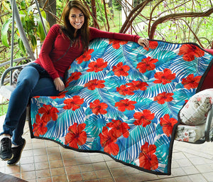 Blue Tropical Hibiscus Pattern Print Quilt