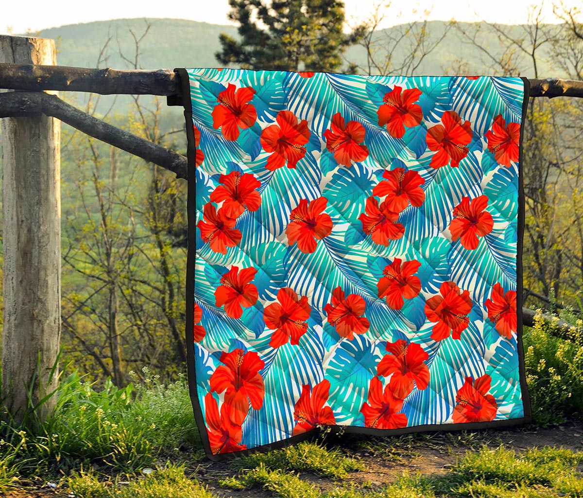 Blue Tropical Hibiscus Pattern Print Quilt