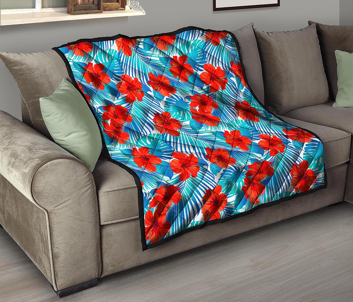 Blue Tropical Hibiscus Pattern Print Quilt