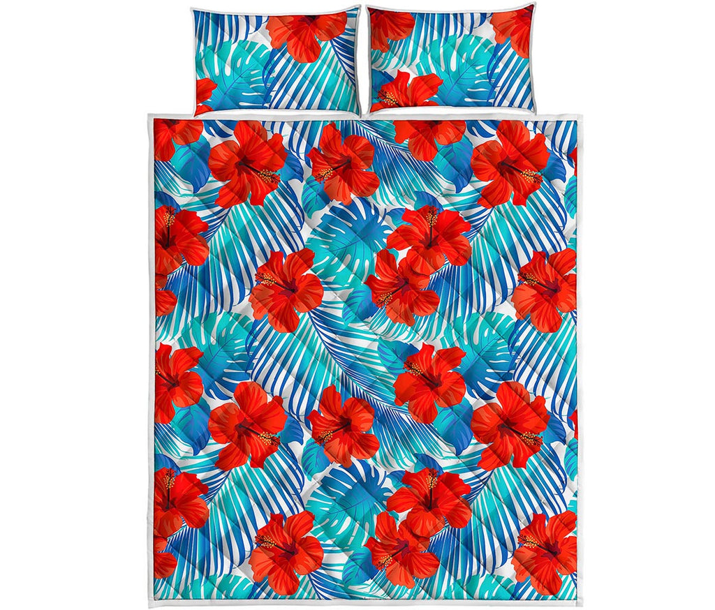 Blue Tropical Hibiscus Pattern Print Quilt Bed Set