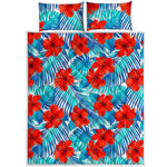 Blue Tropical Hibiscus Pattern Print Quilt Bed Set