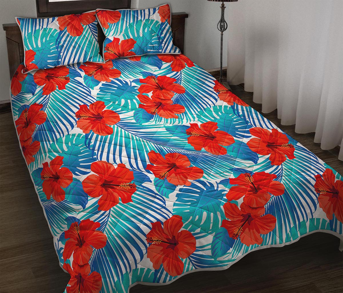 Blue Tropical Hibiscus Pattern Print Quilt Bed Set