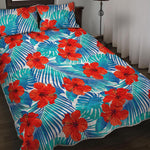 Blue Tropical Hibiscus Pattern Print Quilt Bed Set