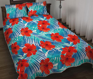 Blue Tropical Hibiscus Pattern Print Quilt Bed Set