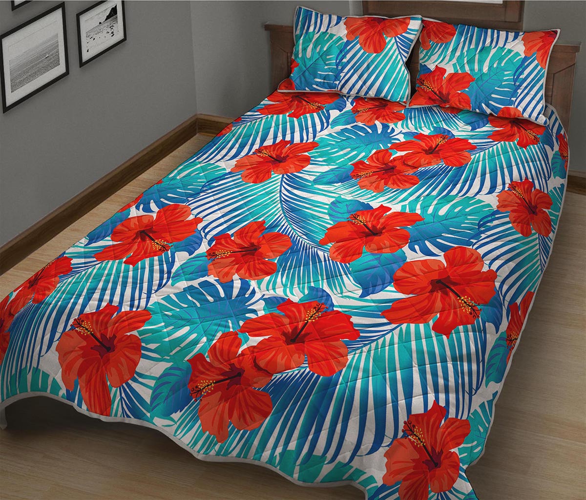 Blue Tropical Hibiscus Pattern Print Quilt Bed Set