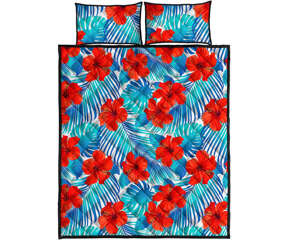 Blue Tropical Hibiscus Pattern Print Quilt Bed Set