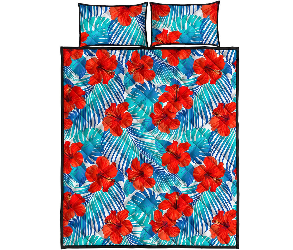 Blue Tropical Hibiscus Pattern Print Quilt Bed Set