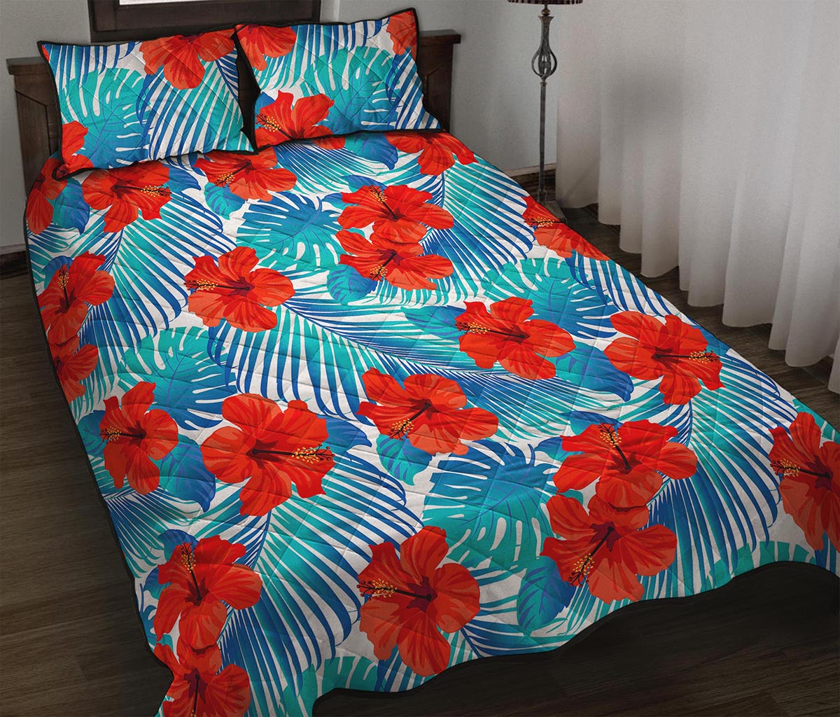 Blue Tropical Hibiscus Pattern Print Quilt Bed Set