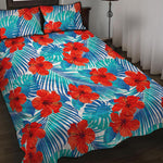 Blue Tropical Hibiscus Pattern Print Quilt Bed Set