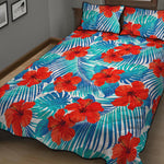 Blue Tropical Hibiscus Pattern Print Quilt Bed Set