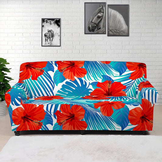 Blue Tropical Hibiscus Pattern Print Sofa Cover