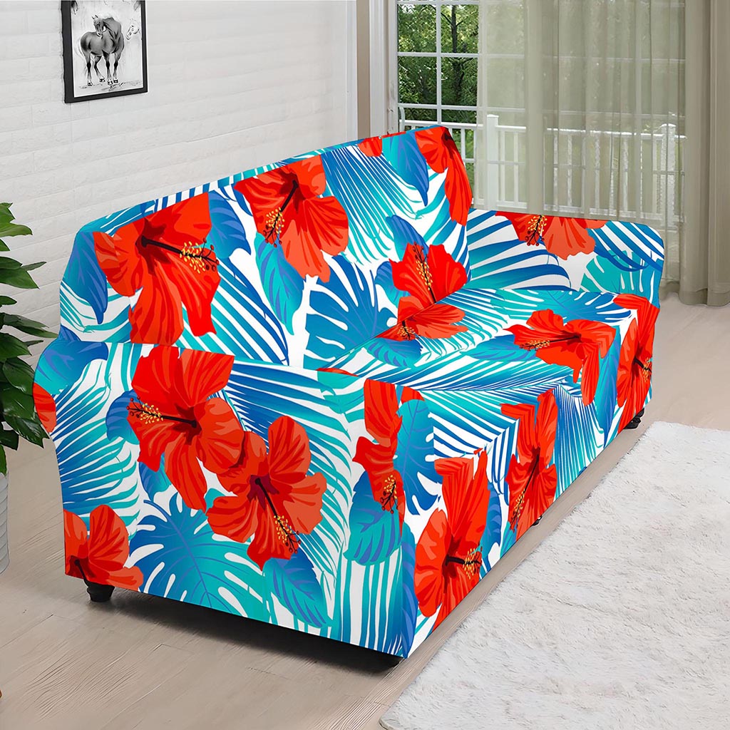 Blue Tropical Hibiscus Pattern Print Sofa Cover