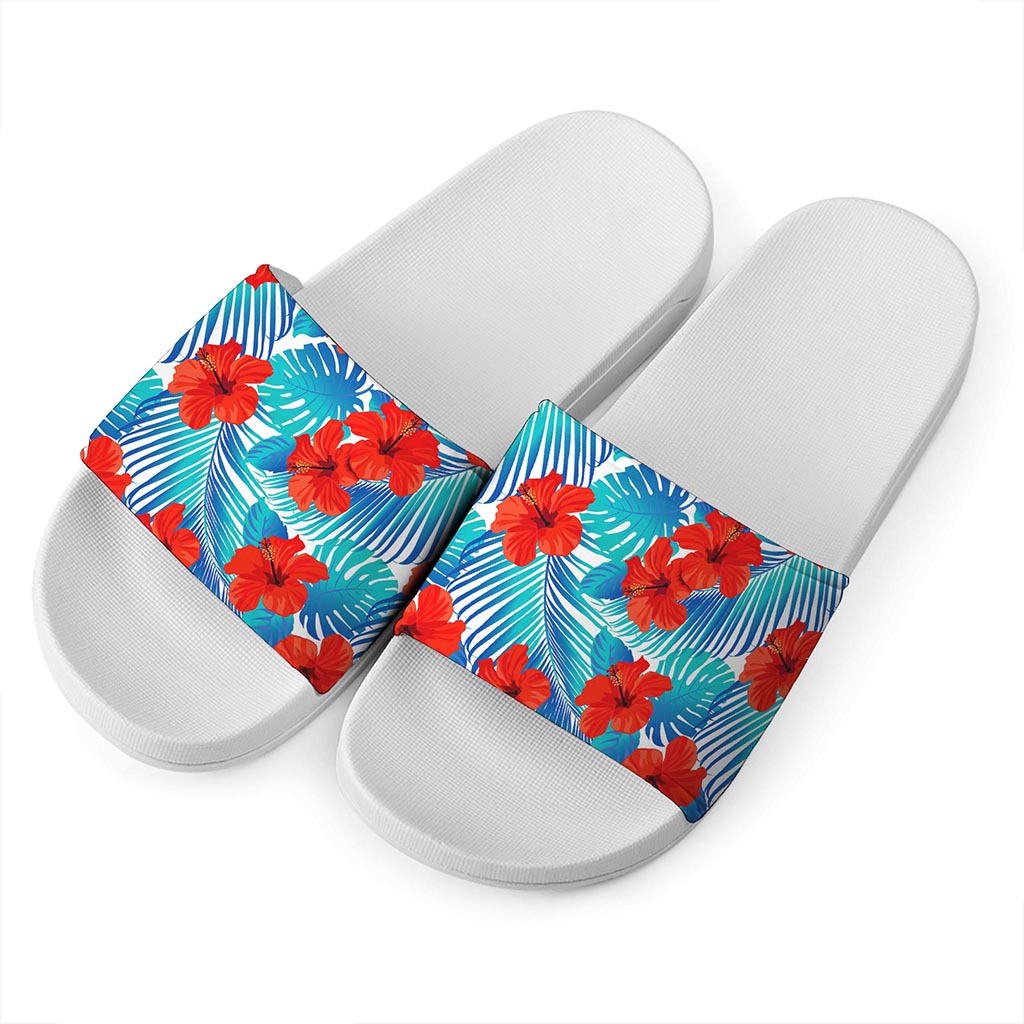 Blue Tropical Hibiscus Pattern Print White Slide Sandals