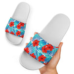 Blue Tropical Hibiscus Pattern Print White Slide Sandals