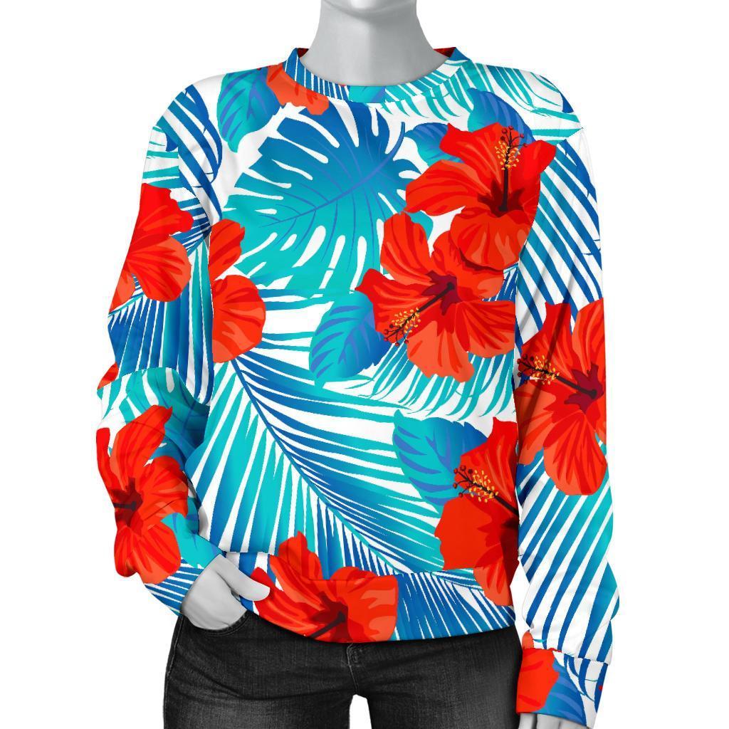 Blue Tropical Hibiscus Pattern Print Women's Crewneck Sweatshirt GearFrost
