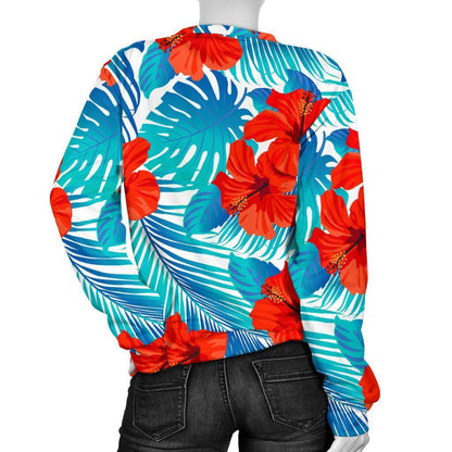 Blue Tropical Hibiscus Pattern Print Women's Crewneck Sweatshirt GearFrost