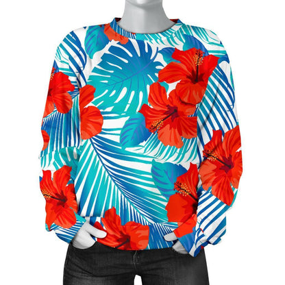 Blue Tropical Hibiscus Pattern Print Women's Crewneck Sweatshirt GearFrost