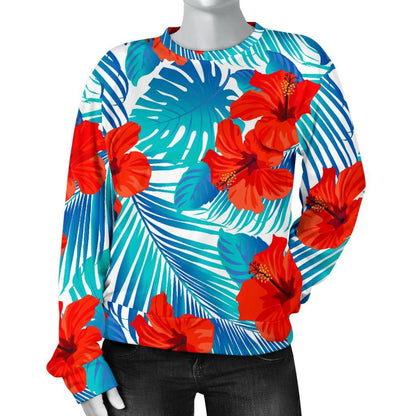 Blue Tropical Hibiscus Pattern Print Women's Crewneck Sweatshirt GearFrost