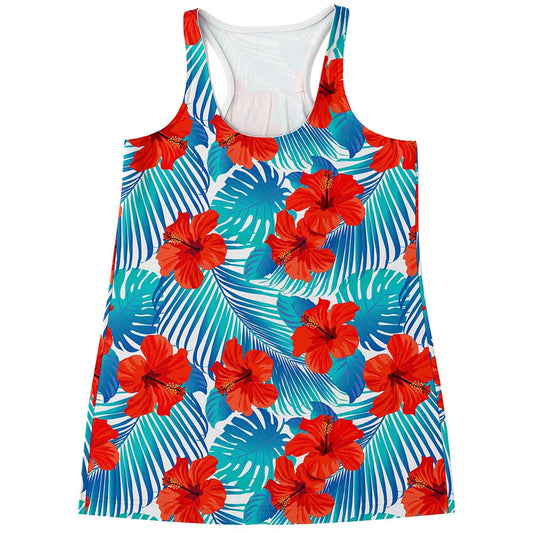 Blue Tropical Hibiscus Pattern Print Women's Racerback Tank Top
