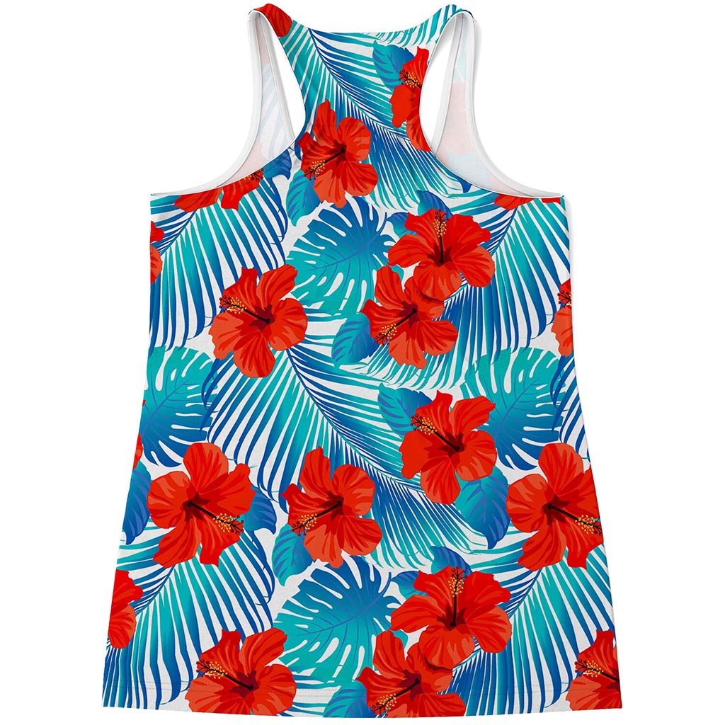 Blue Tropical Hibiscus Pattern Print Women's Racerback Tank Top