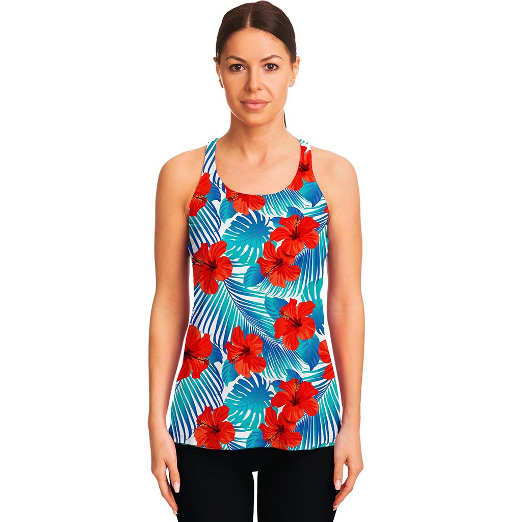 Blue Tropical Hibiscus Pattern Print Women's Racerback Tank Top