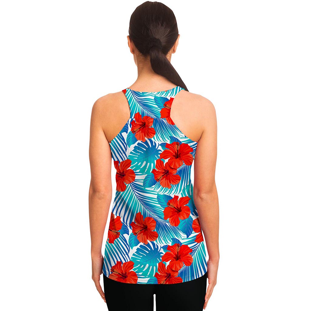 Blue Tropical Hibiscus Pattern Print Women's Racerback Tank Top